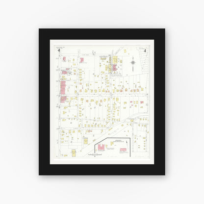 Old map wall art mockup — black gallery frame with white mat — Sanborn Fire Insurance Map from Henderson, Rusk County, Texas (1933), Sheet #0004