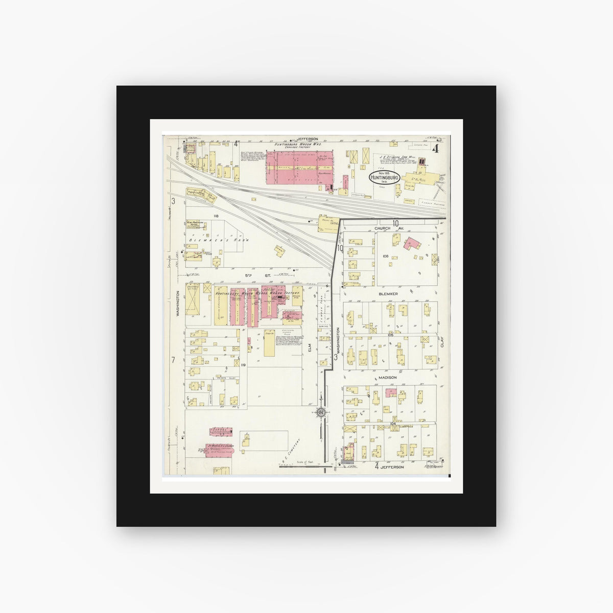 Old map wall art mockup — black gallery frame with white mat — Sanborn Fire Insurance Map from Huntingburg, Dubois County, Indiana (1913), Sheet #0004