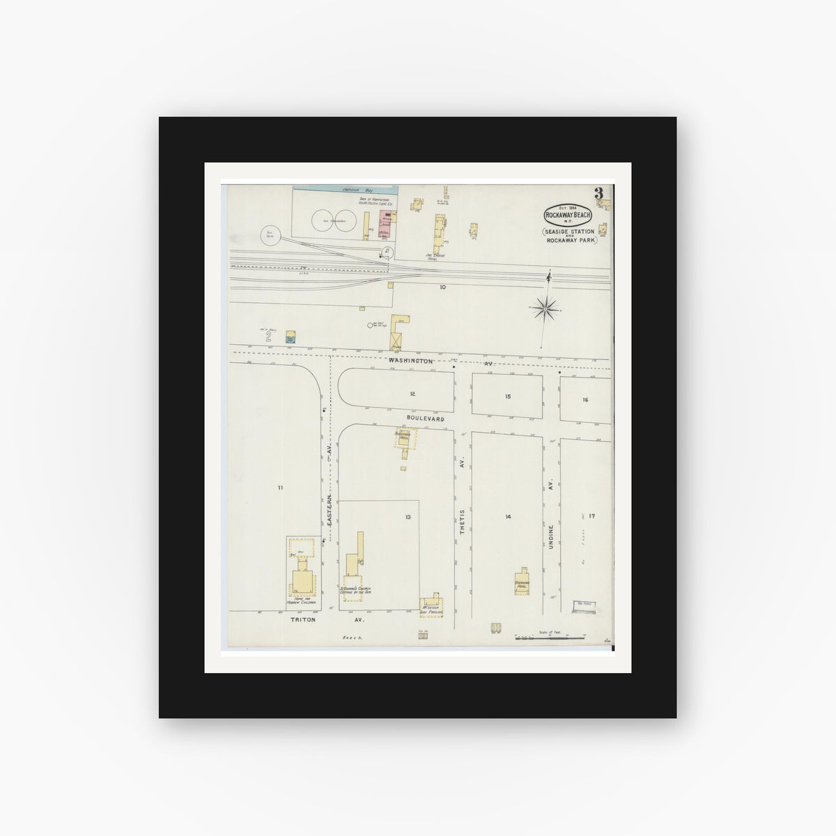 Old map wall art mockup — black gallery frame with white mat — Sanborn Fire Insurance Map from Rockaway Beach, Queens County, New York (1894), Sheet #0003