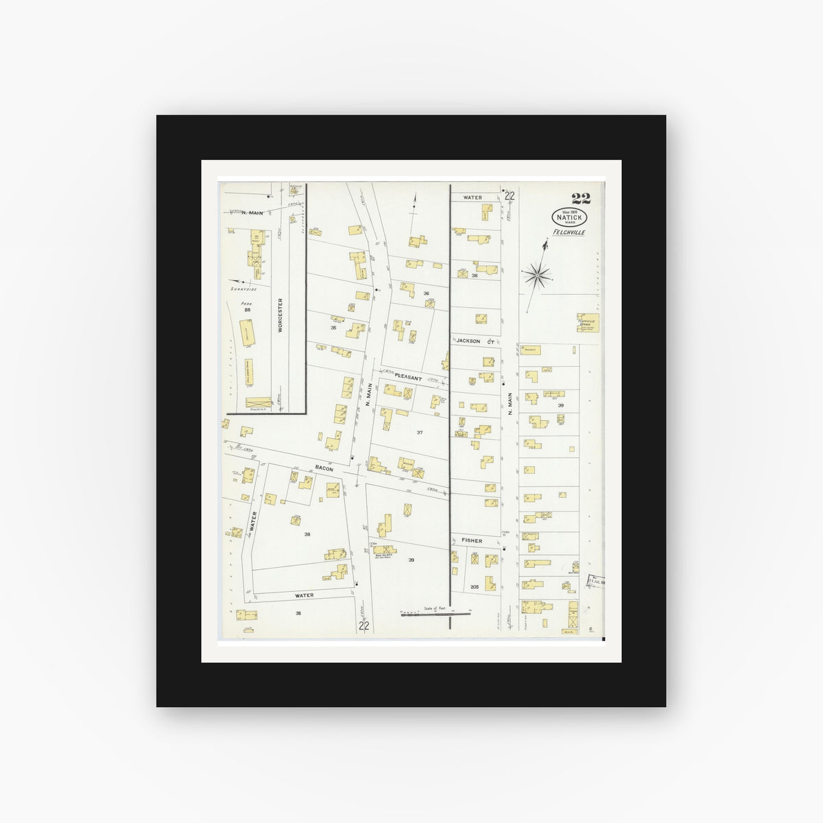 Old map wall art mockup — black gallery frame with white mat — Sanborn Fire Insurance Map from Natick, Middlesex County, Massachusetts (1909), Sheet #0022