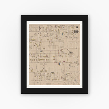 Old map wall art mockup — black gallery frame with white mat — Sanborn Fire Insurance Map from Lyndhurst, Bergen County, New Jersey (1922), Sheet #0014