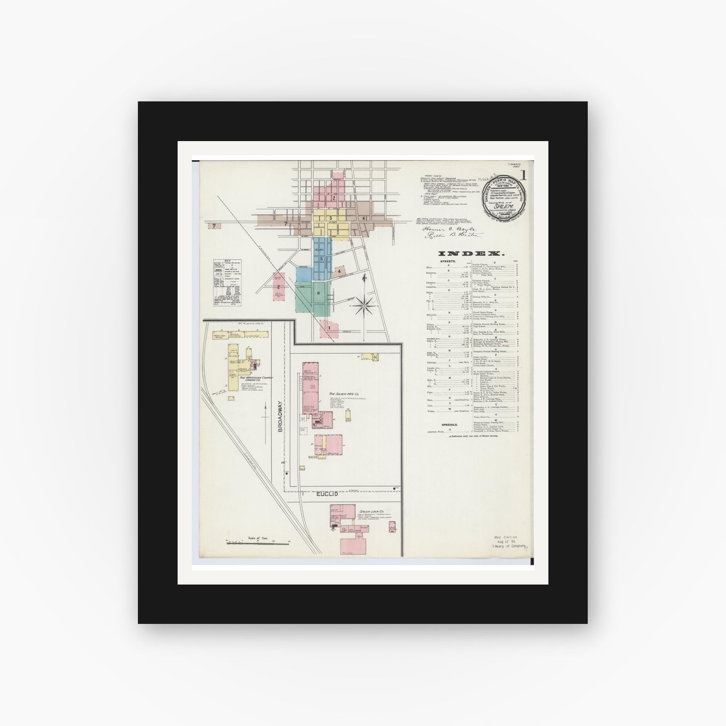 Old map wall art mockup — black gallery frame with white mat — Sanborn Fire Insurance Map from Salem, Columbiana County, Ohio (1892), Sheet #0001