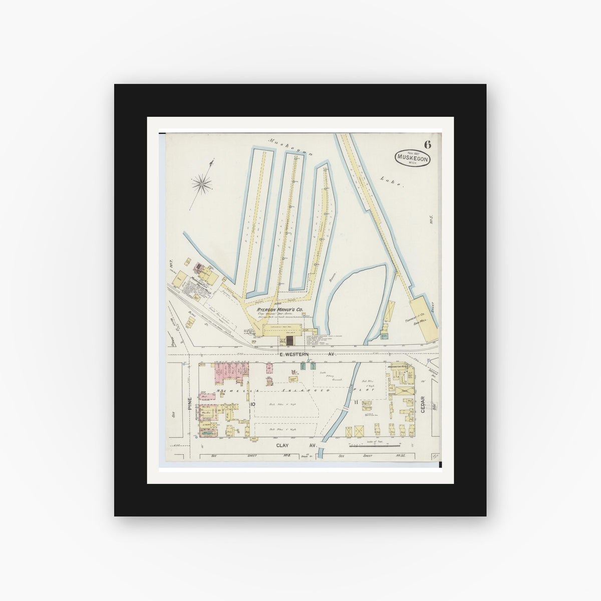 Old map wall art mockup — black gallery frame with white mat — Sanborn Fire Insurance Map from Muskegon, Muskegon County, Michigan (1887), Sheet #0006