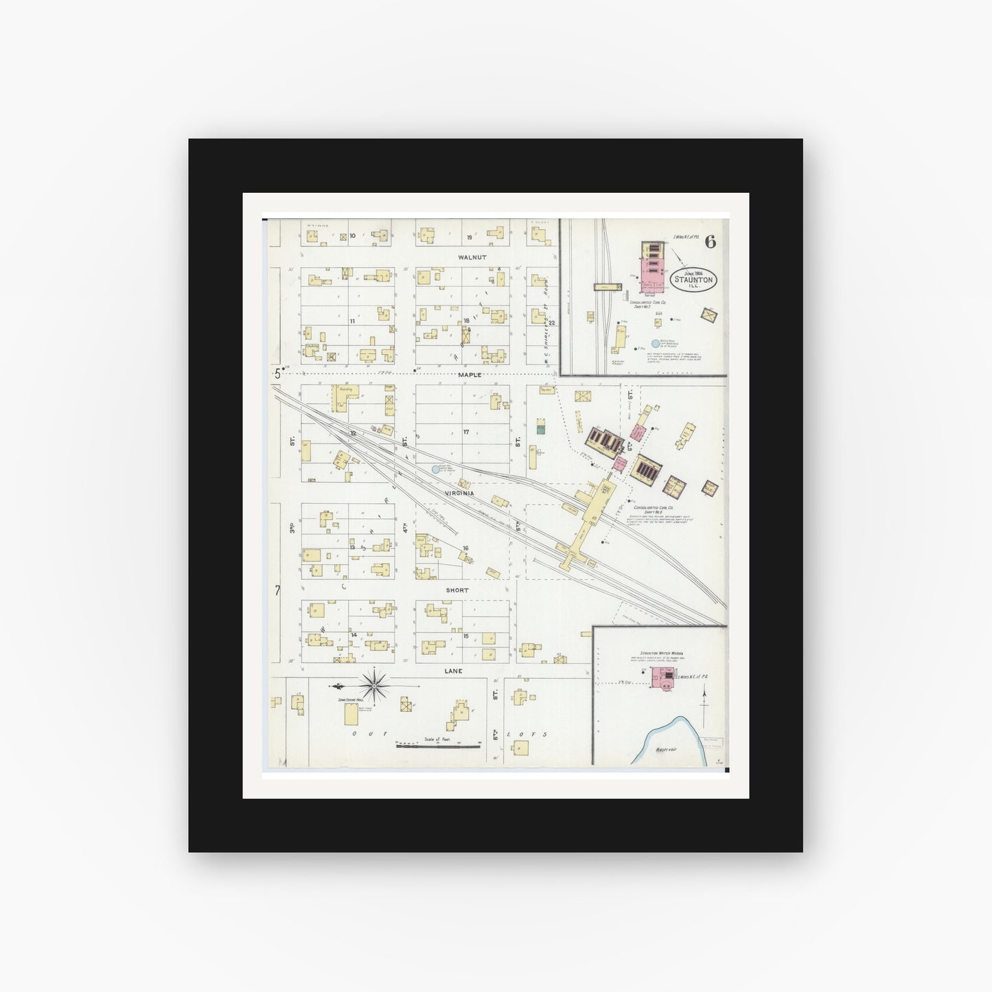Old map wall art mockup — black gallery frame with white mat — Sanborn Fire Insurance Map from Staunton, Macoupin County, Illinois (1906), Sheet #0006