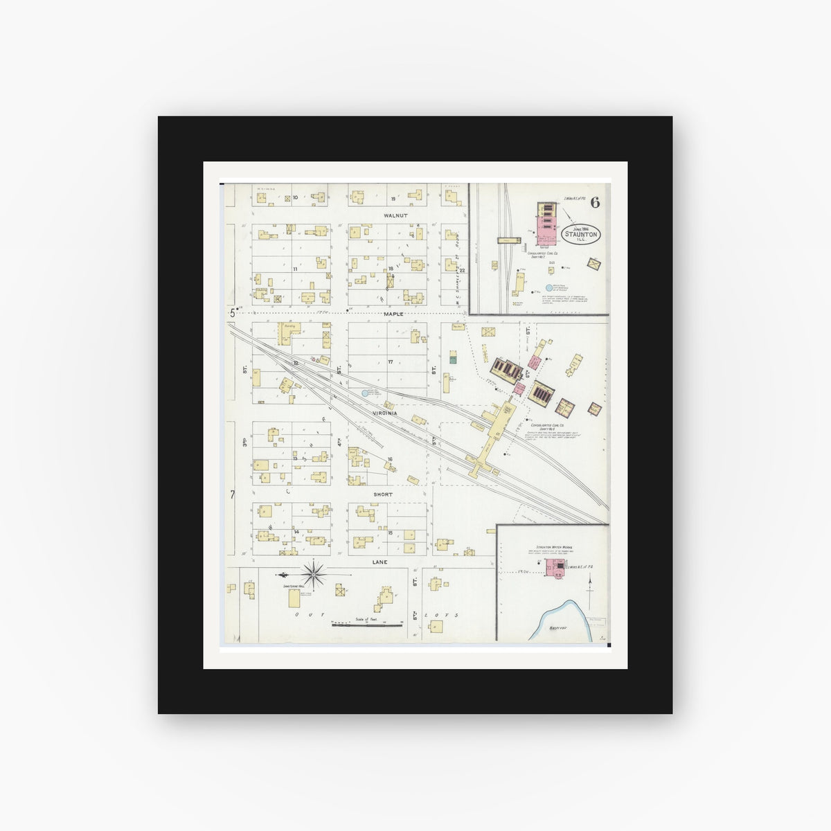 Old map wall art mockup — black gallery frame with white mat — Sanborn Fire Insurance Map from Staunton, Macoupin County, Illinois (1906), Sheet #0006