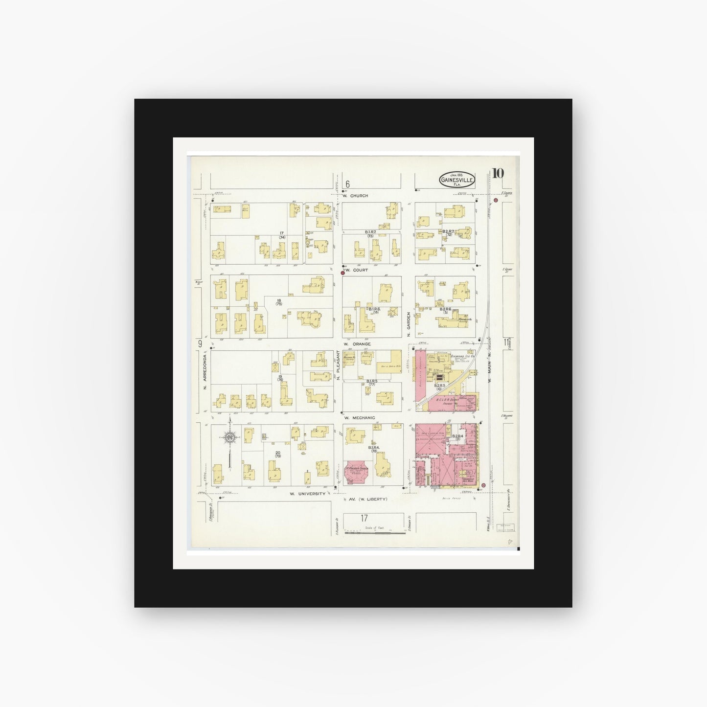 Old map wall art mockup — black gallery frame with white mat — Sanborn Fire Insurance Map from Gainesville, Alachua County, Florida (1913), Sheet #0010