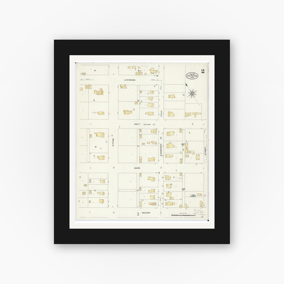 Old map wall art mockup — black gallery frame with white mat — Sanborn Fire Insurance Map from Saint Peter, Nicollet County, Minnesota (1908), Sheet #0002