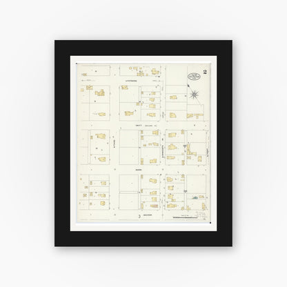 Old map wall art mockup — black gallery frame with white mat — Sanborn Fire Insurance Map from Saint Peter, Nicollet County, Minnesota (1908), Sheet #0002