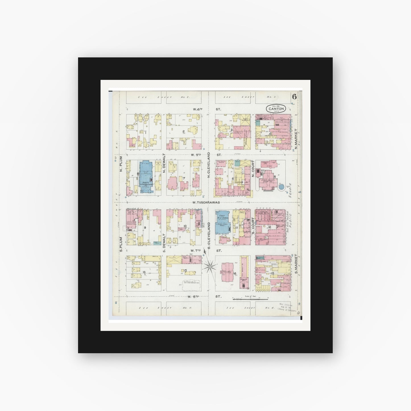 Old map wall art mockup — black gallery frame with white mat — Sanborn Fire Insurance Map from Canton, Stark County, Ohio (1891), Sheet #0006