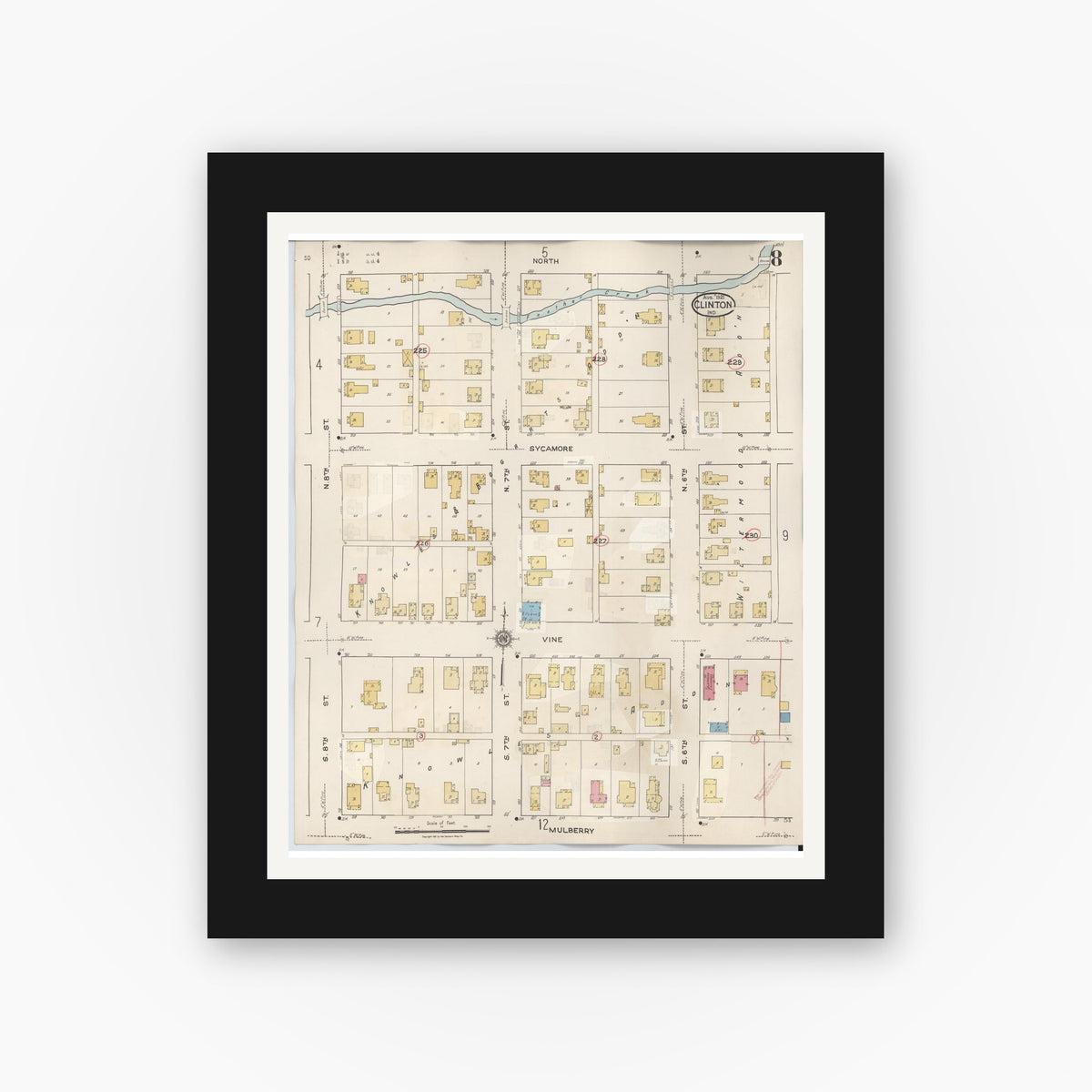 Old map wall art mockup — black gallery frame with white mat — Sanborn Fire Insurance Map from Clinton, Vermillion County, Indiana (1947), Sheet #0008