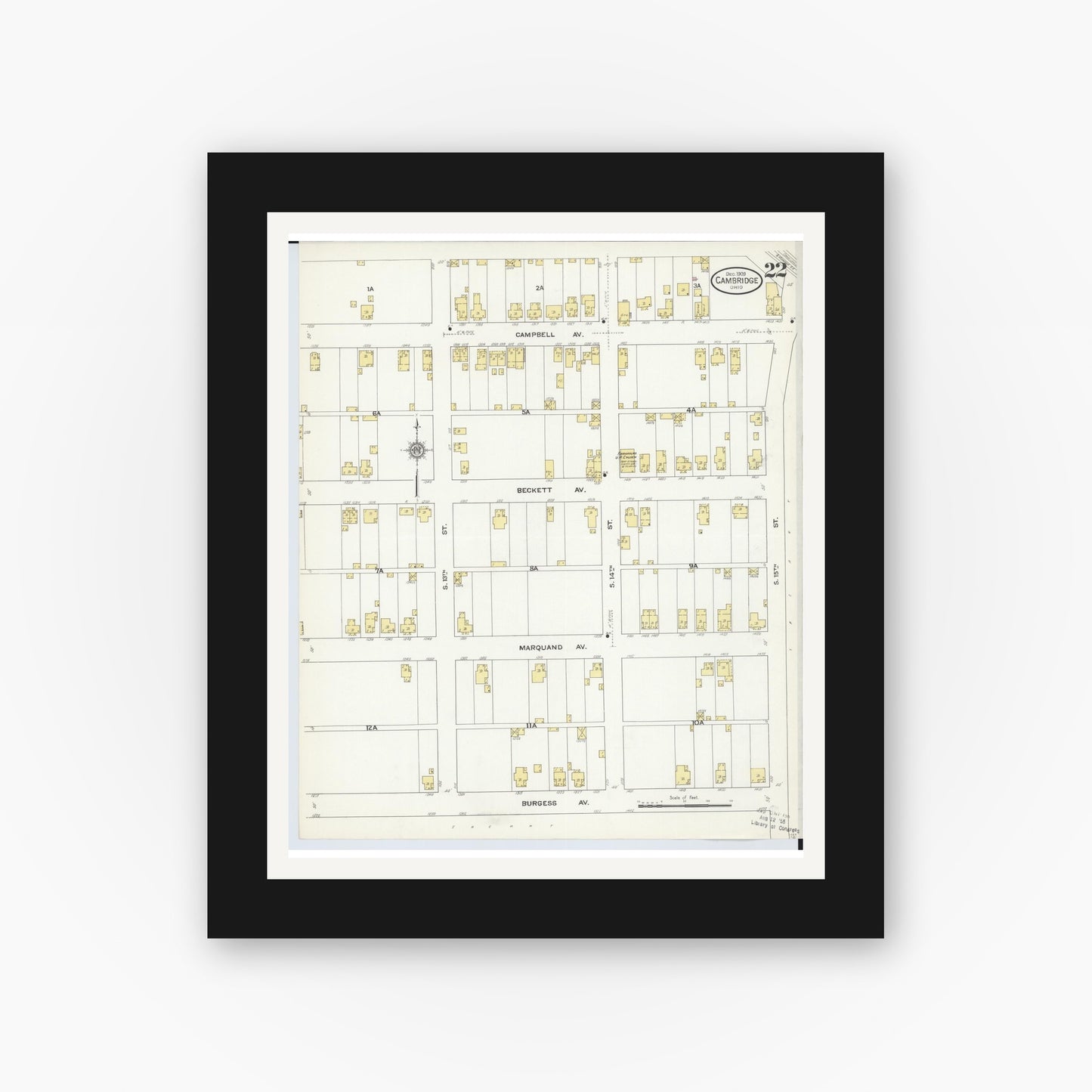 Old map wall art mockup — black gallery frame with white mat — Sanborn Fire Insurance Map from Cambridge, Guernsey County, Ohio (1909), Sheet #0022