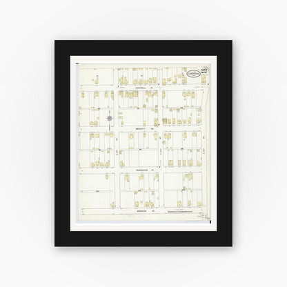 Old map wall art mockup — black gallery frame with white mat — Sanborn Fire Insurance Map from Cambridge, Guernsey County, Ohio (1909), Sheet #0022