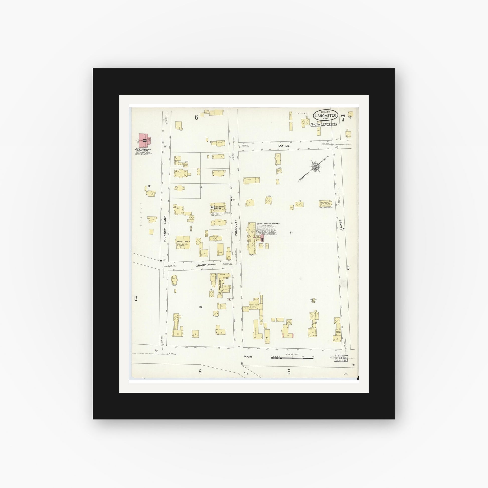 Old map wall art mockup — black gallery frame with white mat — Sanborn Fire Insurance Map from Lancaster, Worcester County, Massachusetts (1910), Sheet #0007