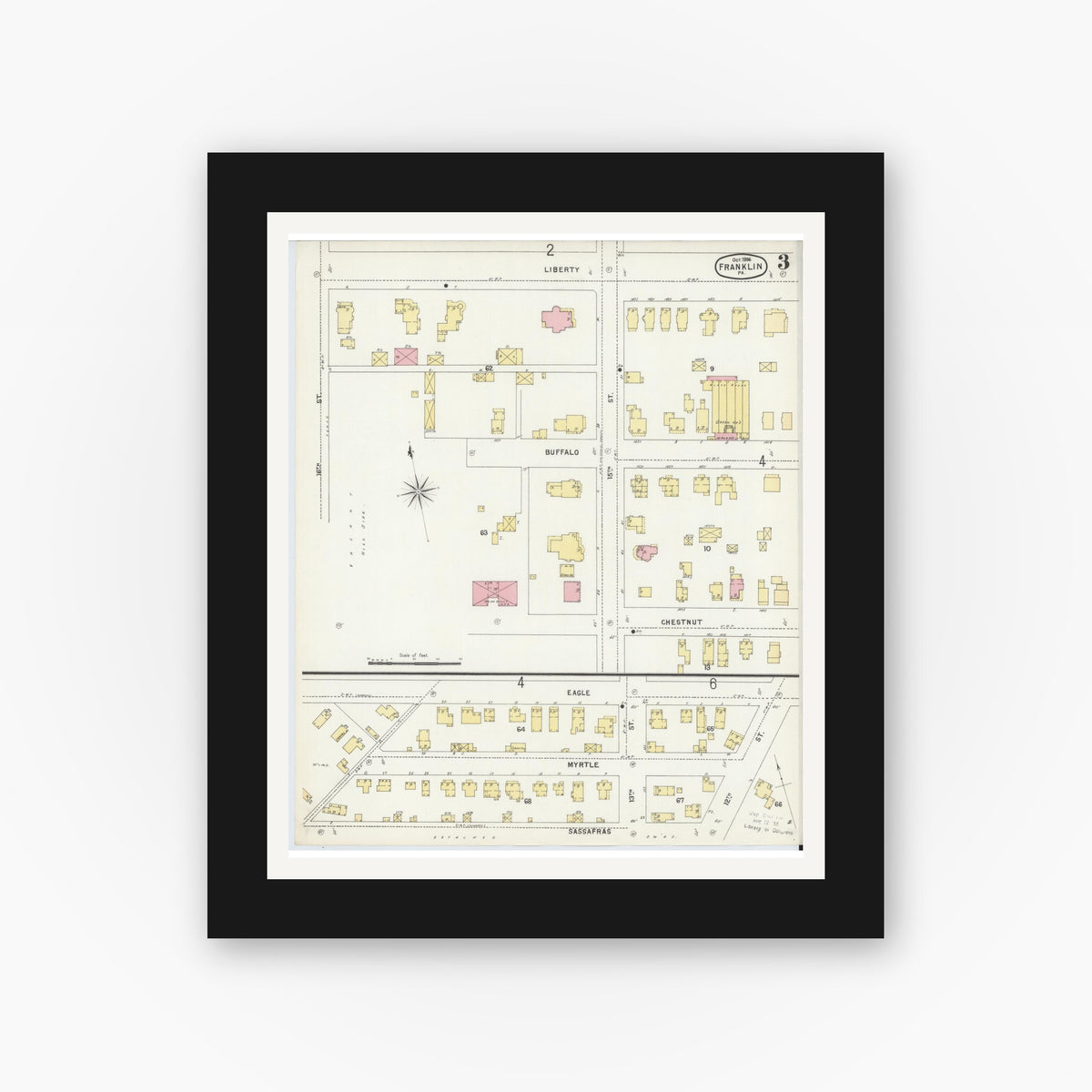 Old map wall art mockup — black gallery frame with white mat — Sanborn Fire Insurance Map from Franklin, Venango County, Pennsylvania (1896), Sheet #0003