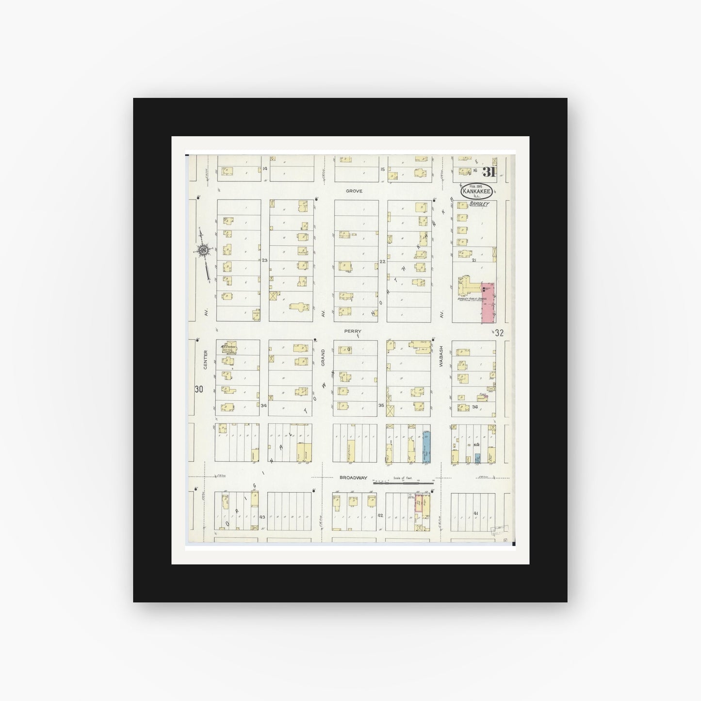 Old map wall art mockup — black gallery frame with white mat — Sanborn Fire Insurance Map from Kankakee, Kankakee County, Illinois (1914), Sheet #0031