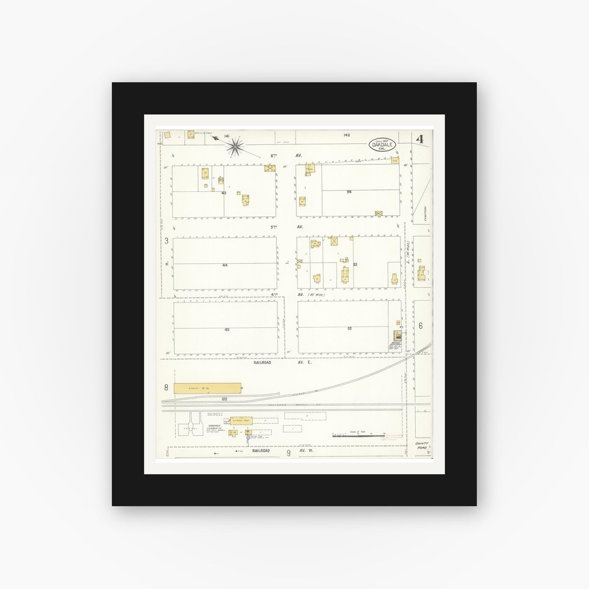 Old map wall art mockup — black gallery frame with white mat — Sanborn Fire Insurance Map from Oakdale, Stanislaus County, California (1907), Sheet #0004