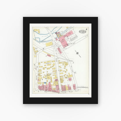Old map wall art mockup — black gallery frame with white mat — Sanborn Fire Insurance Map from Southbridge, Worcester County, Massachusetts (1918), Sheet #0004