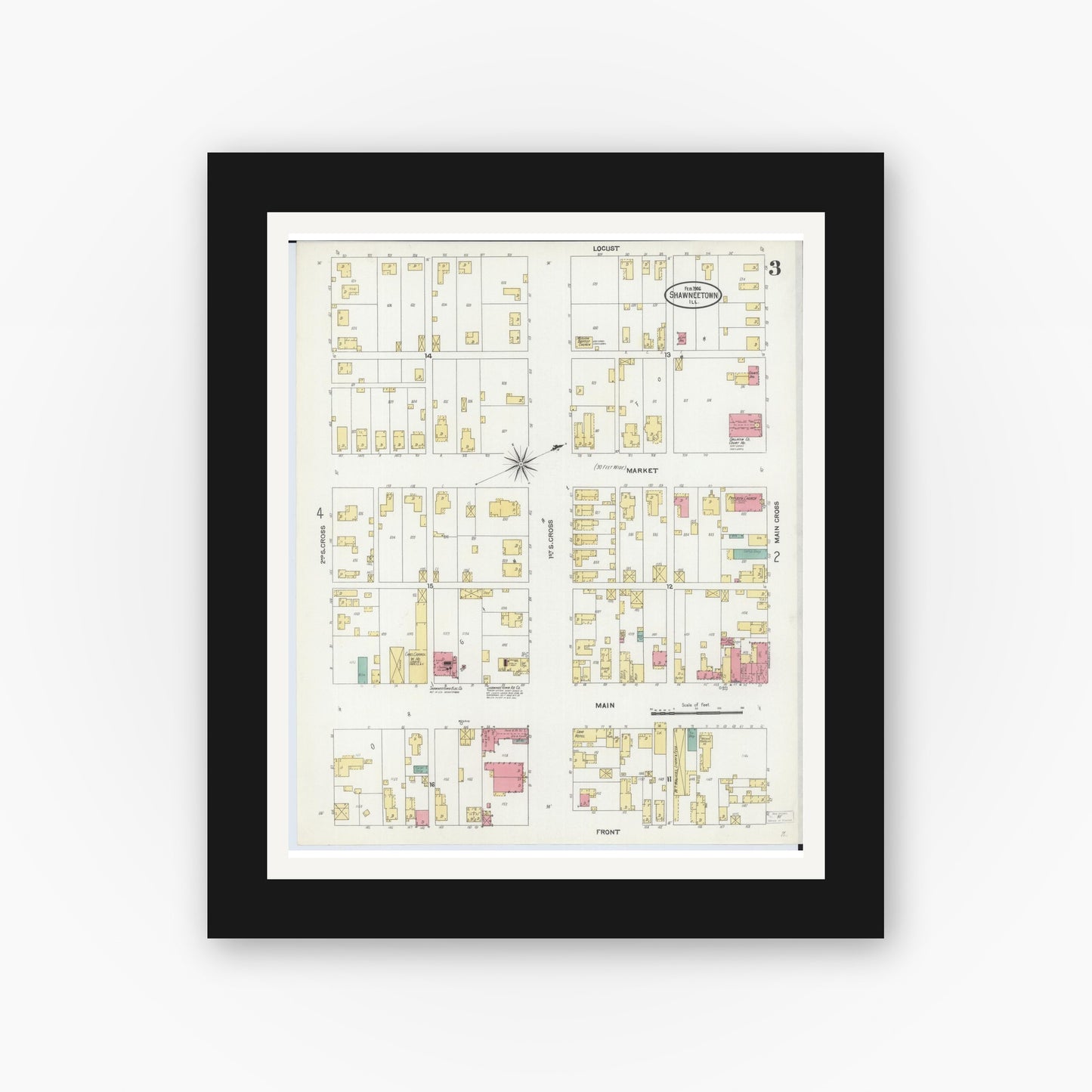Old map wall art mockup — black gallery frame with white mat — Sanborn Fire Insurance Map from Shawneetown, Gallatin County, Illinois (1906), Sheet #0003