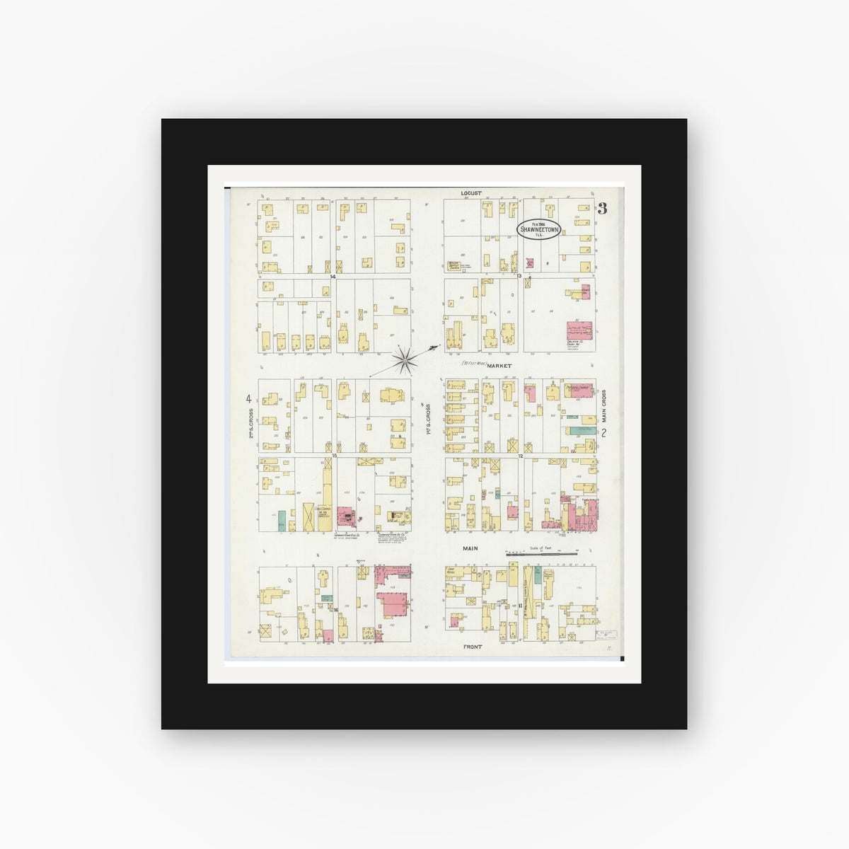 Old map wall art mockup — black gallery frame with white mat — Sanborn Fire Insurance Map from Shawneetown, Gallatin County, Illinois (1906), Sheet #0003