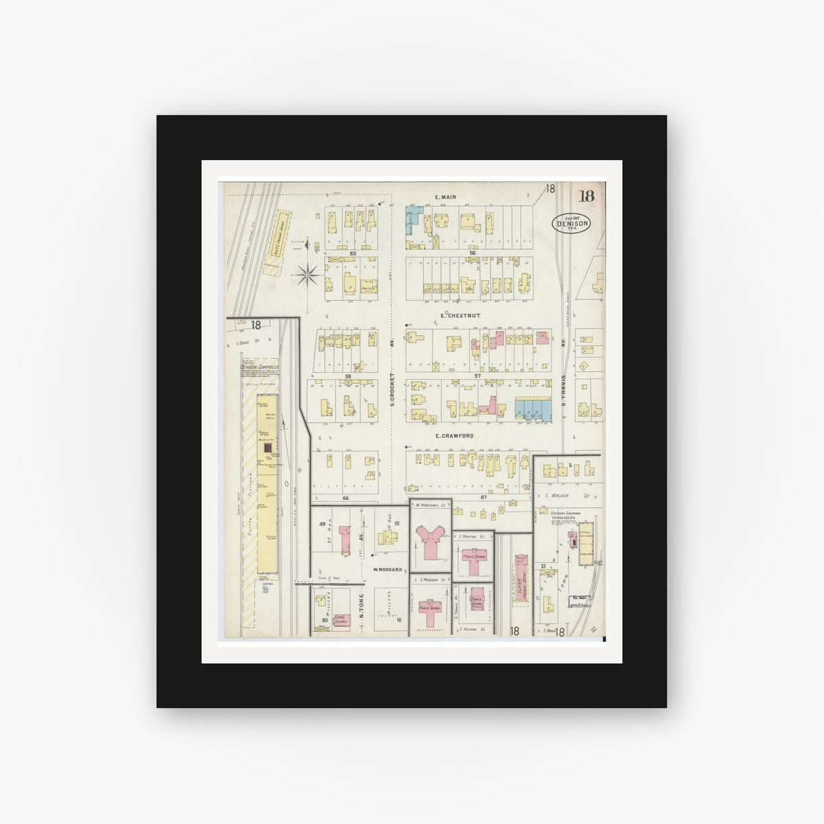 Old map wall art mockup — black gallery frame with white mat — Sanborn Fire Insurance Map from Denison, Grayson County, Texas (1897), Sheet #0018