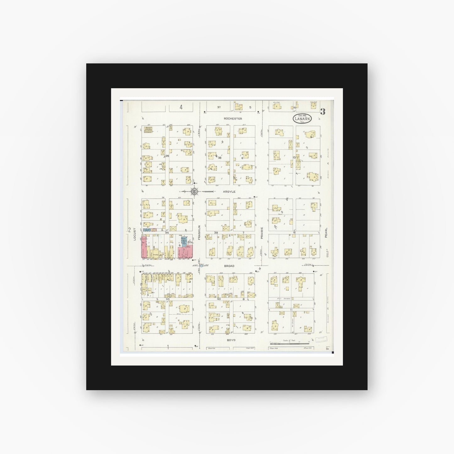 Old map wall art mockup — black gallery frame with white mat — Sanborn Fire Insurance Map from Lanark, Carroll County, Illinois (1912), Sheet #0003