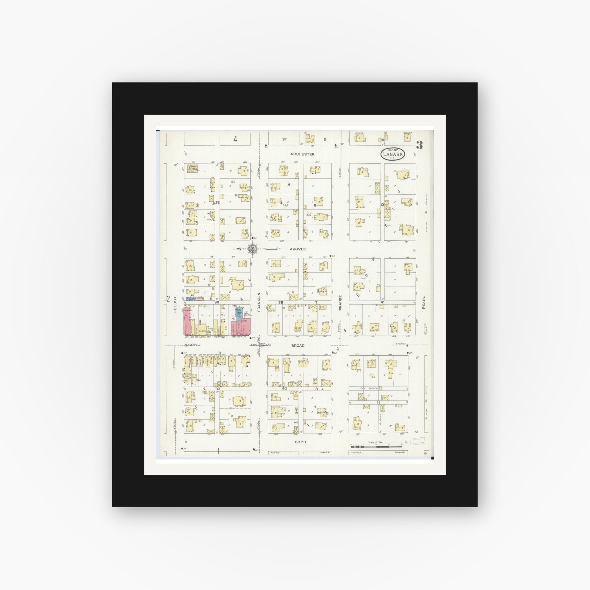 Old map wall art mockup — black gallery frame with white mat — Sanborn Fire Insurance Map from Lanark, Carroll County, Illinois (1912), Sheet #0003