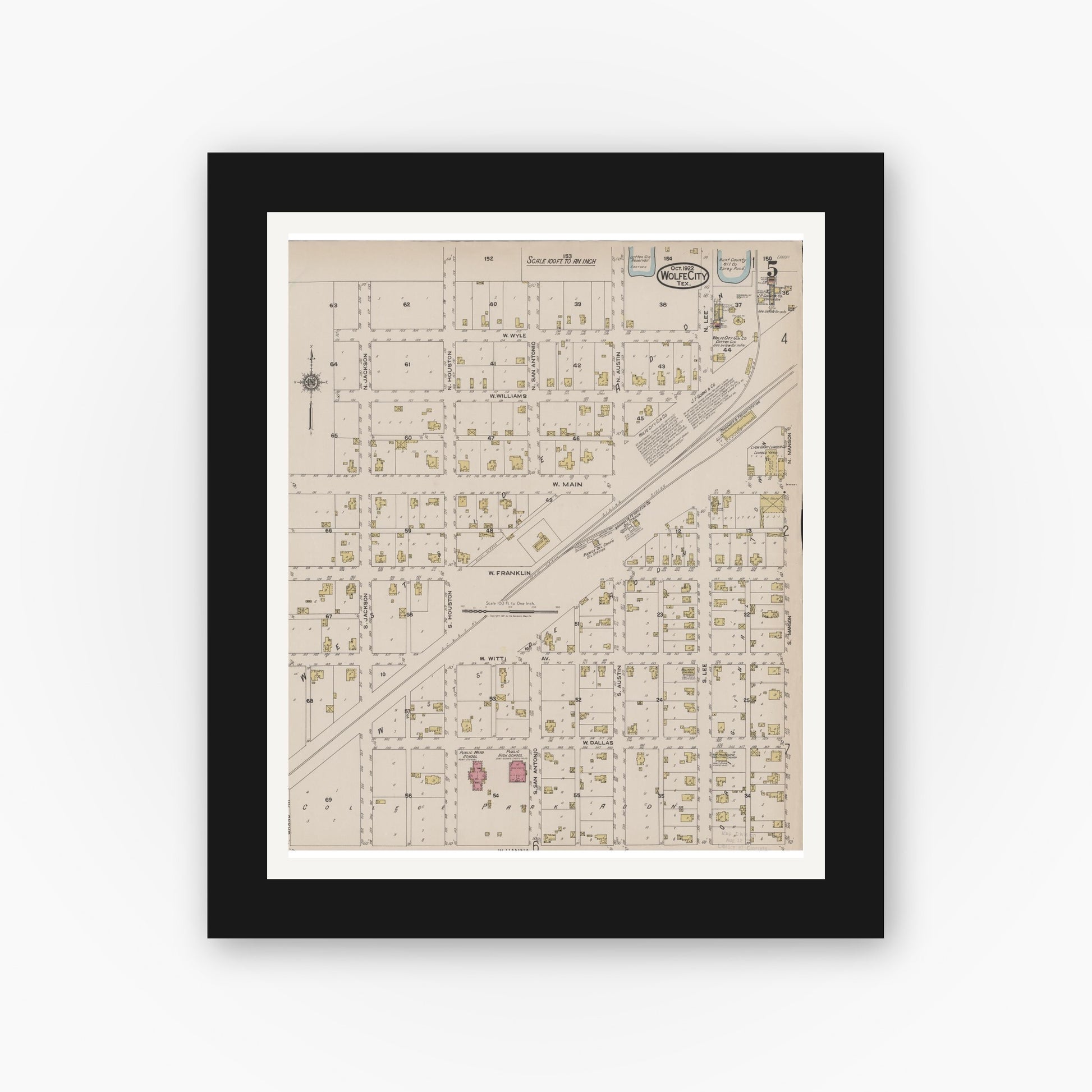 Old map wall art mockup — black gallery frame with white mat — Sanborn Fire Insurance Map from Wolfe City, Hunt County, Texas (1922), Sheet #0005