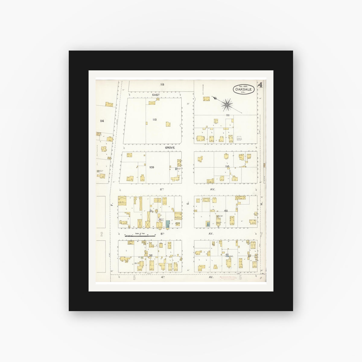 Old map wall art mockup — black gallery frame with white mat — Sanborn Fire Insurance Map from Oakdale, Stanislaus County, California (1895), Sheet #0004