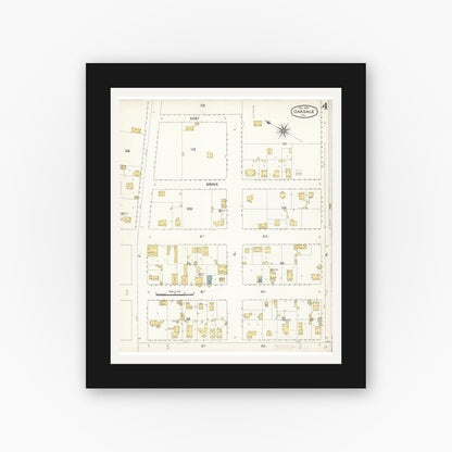 Old map wall art mockup — black gallery frame with white mat — Sanborn Fire Insurance Map from Oakdale, Stanislaus County, California (1895), Sheet #0004