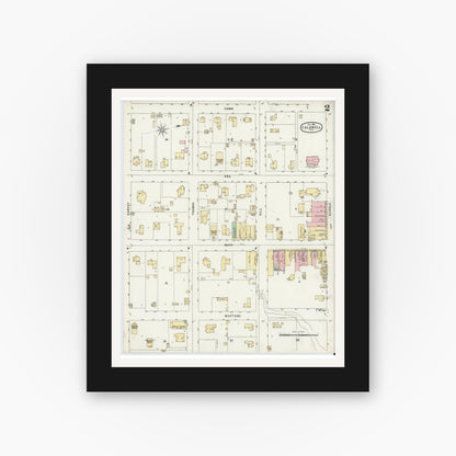 Old map wall art mockup — black gallery frame with white mat — Sanborn Fire Insurance Map from Caldwell, Burleson County, Texas (1896), Sheet #0002