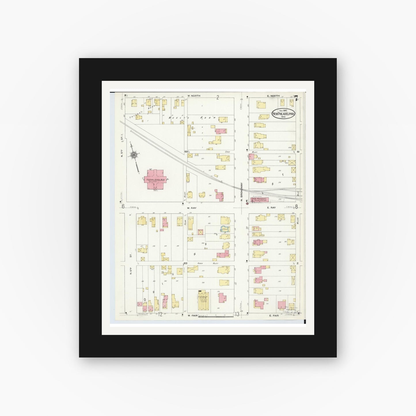 Old map wall art mockup — black gallery frame with white mat — Sanborn Fire Insurance Map from New Philadelphia, Tuscarawas County, Ohio (1910), Sheet #0007