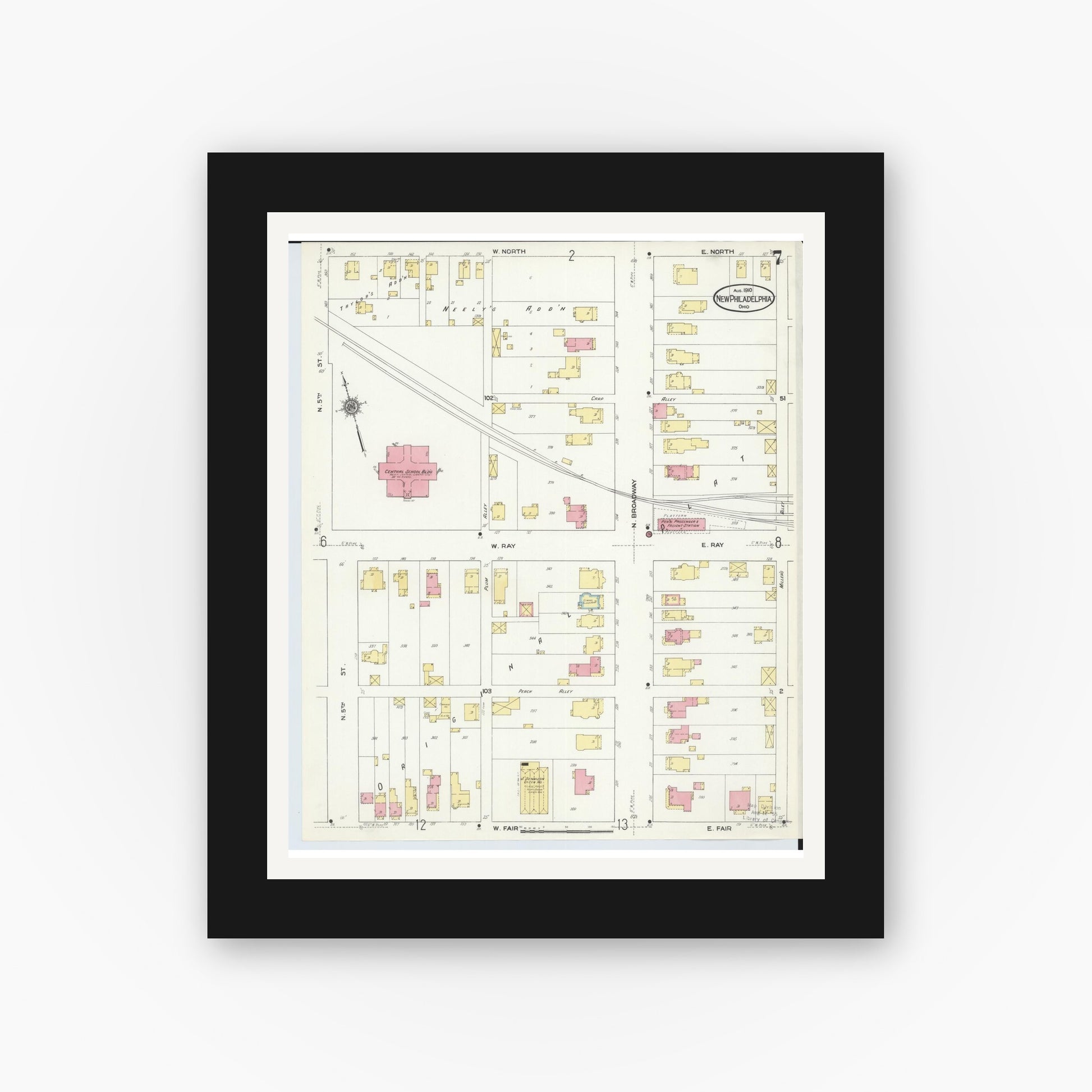 Old map wall art mockup — black gallery frame with white mat — Sanborn Fire Insurance Map from New Philadelphia, Tuscarawas County, Ohio (1910), Sheet #0007