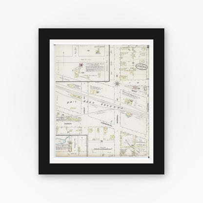 Old map wall art mockup — black gallery frame with white mat — Sanborn Fire Insurance Map from Litchfield, Meeker County, Minnesota (1887), Sheet #0002