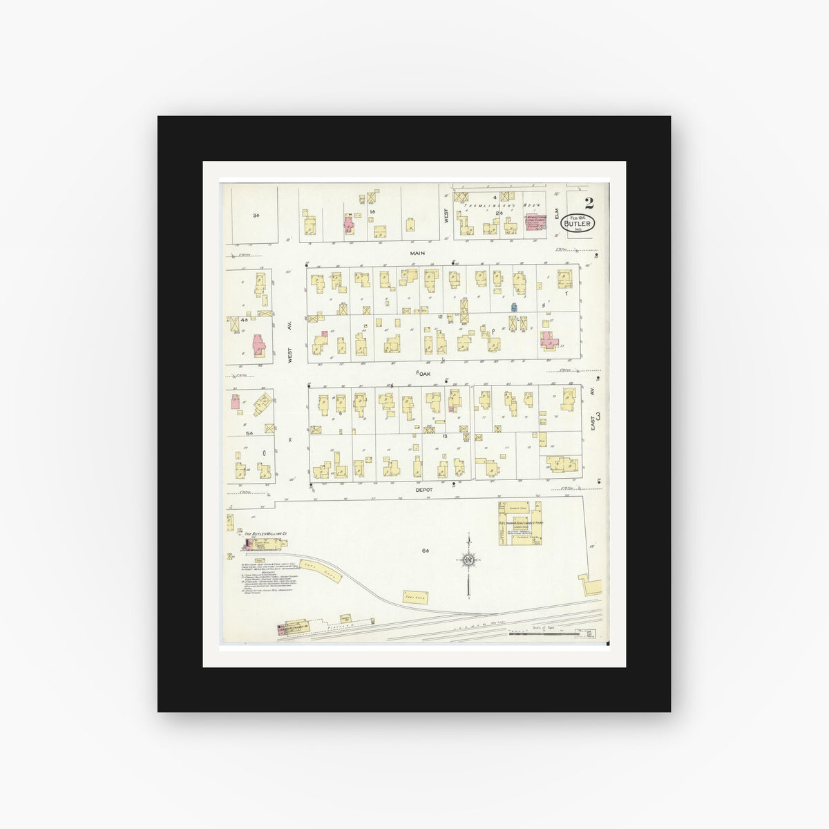 Old map wall art mockup — black gallery frame with white mat — Sanborn Fire Insurance Map from Butler, De Kalb County, Indiana (1914), Sheet #0002