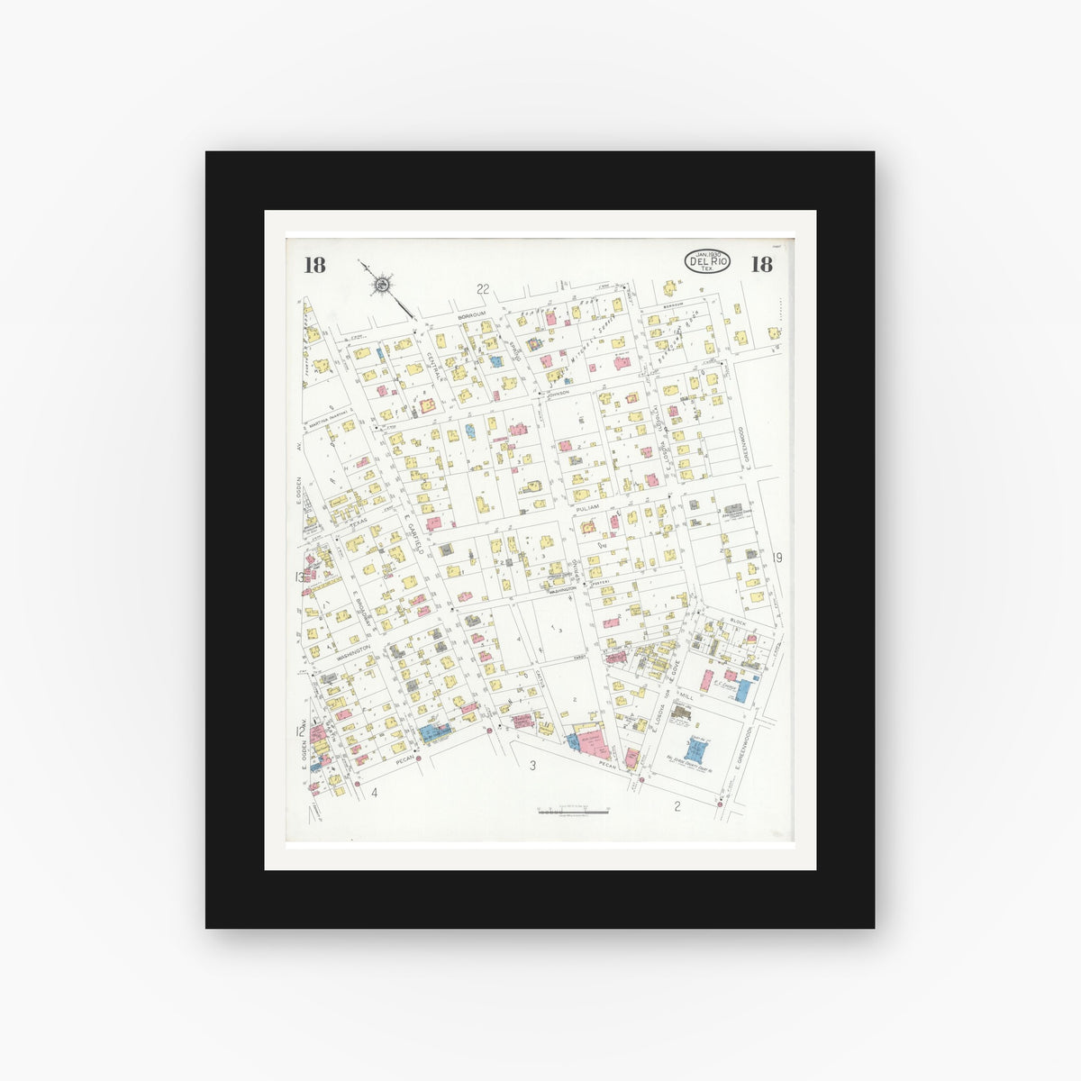 Old map wall art mockup — black gallery frame with white mat — Sanborn Fire Insurance Map from Del Rio, Val Verde County, Texas (1930), Sheet #0018
