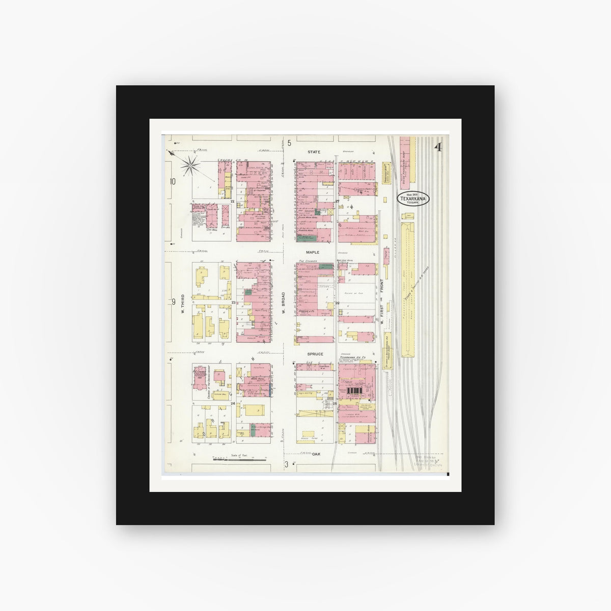 Old map wall art mockup — black gallery frame with white mat — Sanborn Fire Insurance Map from Texarkana, Bowie County, Texas (1909), Sheet #0004
