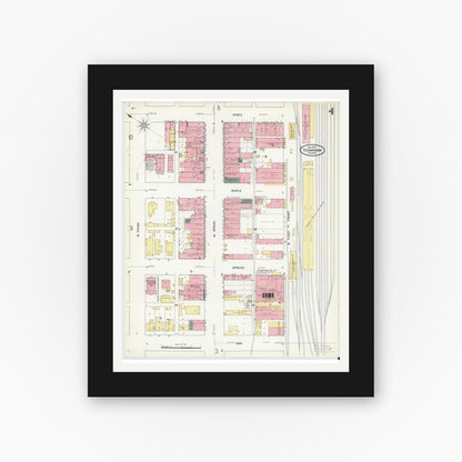 Old map wall art mockup — black gallery frame with white mat — Sanborn Fire Insurance Map from Texarkana, Bowie County, Texas (1909), Sheet #0004