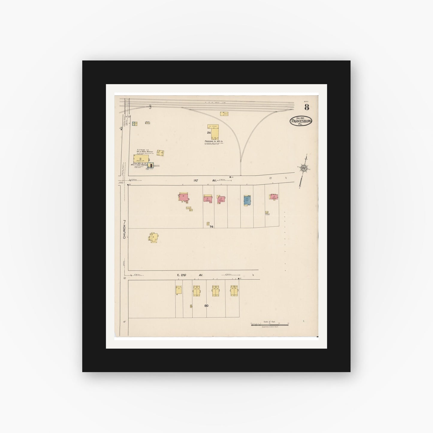 Old map wall art mockup — black gallery frame with white mat — Sanborn Fire Insurance Map from Parkesburg, Chester County, Pennsylvania (1921), Sheet #0008