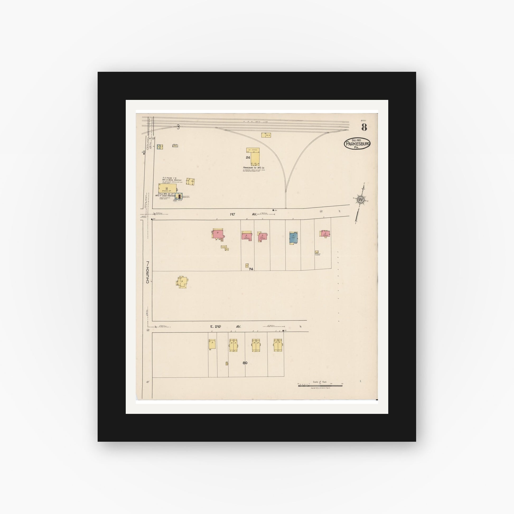 Old map wall art mockup — black gallery frame with white mat — Sanborn Fire Insurance Map from Parkesburg, Chester County, Pennsylvania (1921), Sheet #0008