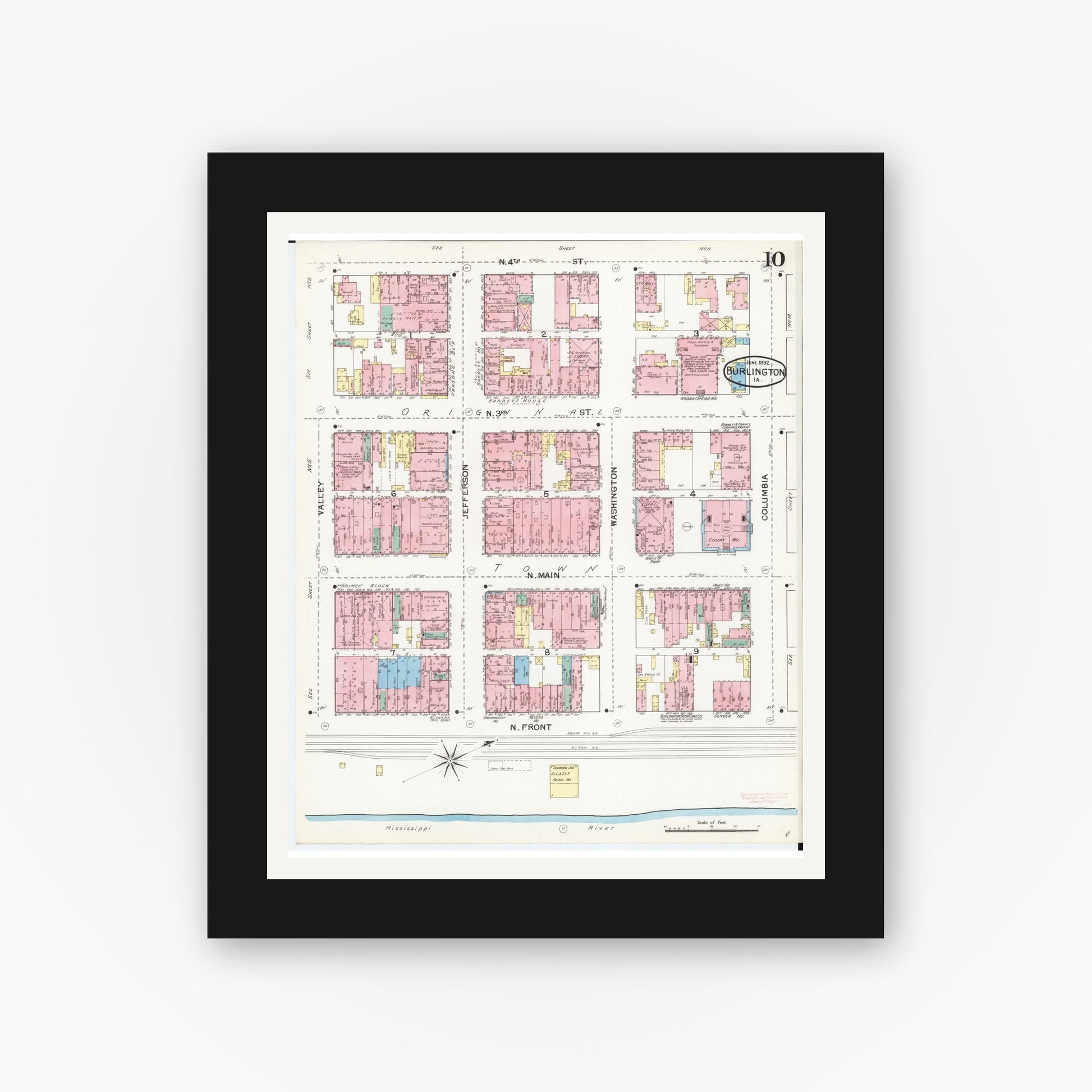 Old map wall art mockup — black gallery frame with white mat — Sanborn Fire Insurance Map from Burlington, Des Moines County, Iowa (1892), Sheet #0010
