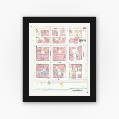 Old map wall art mockup — black gallery frame with white mat — Sanborn Fire Insurance Map from Burlington, Des Moines County, Iowa (1892), Sheet #0010