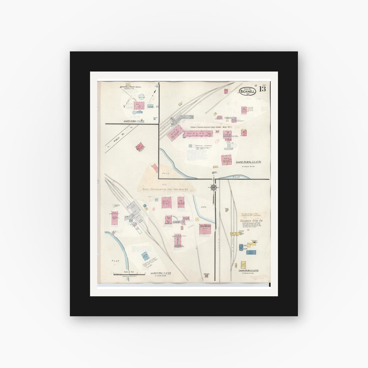 Old map wall art mockup — black gallery frame with white mat — Sanborn Fire Insurance Map from Bicknell, Knox County, Indiana (1946), Sheet #0013