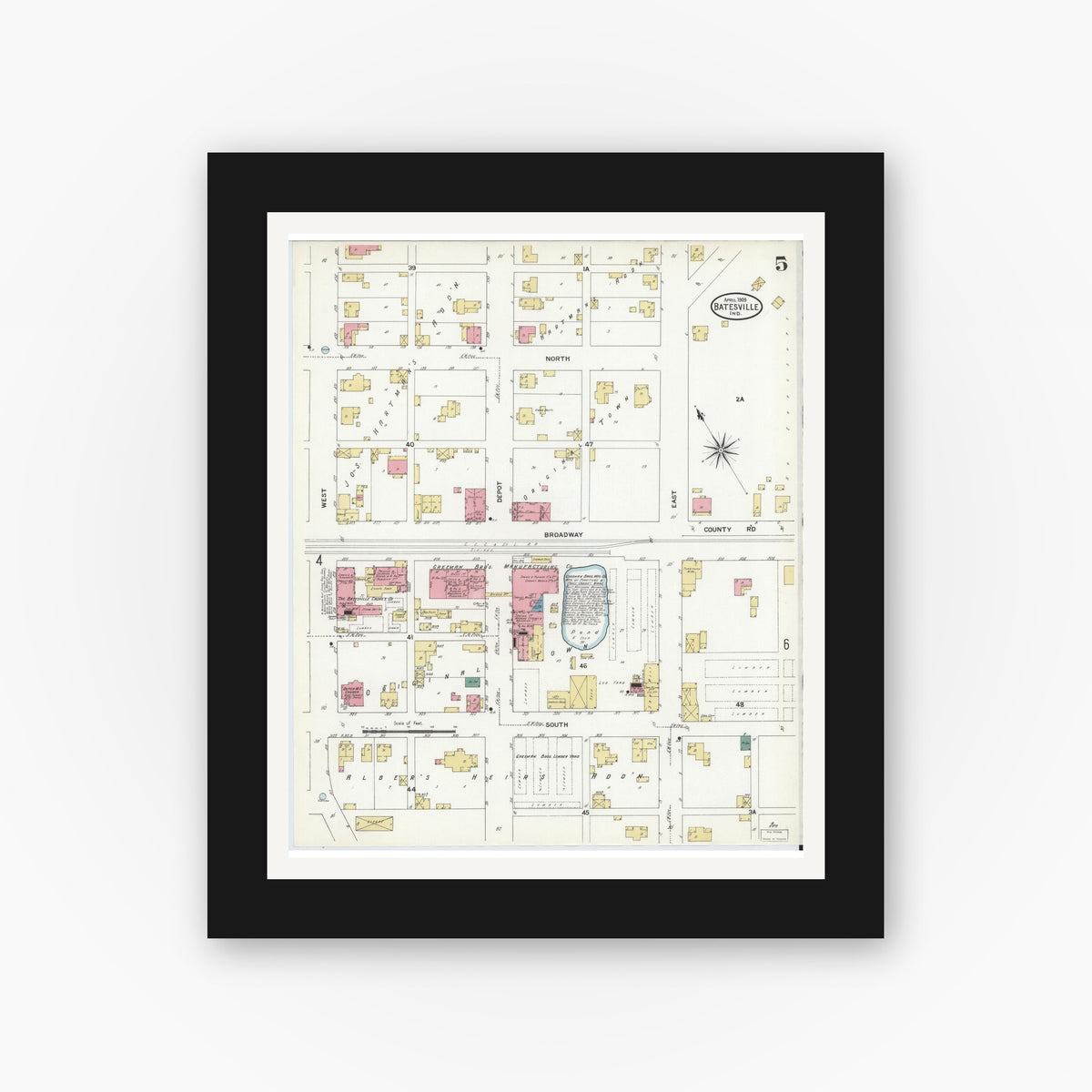 Old map wall art mockup — black gallery frame with white mat — Sanborn Fire Insurance Map from Batesville, Ripley County, Indiana (1909), Sheet #0005