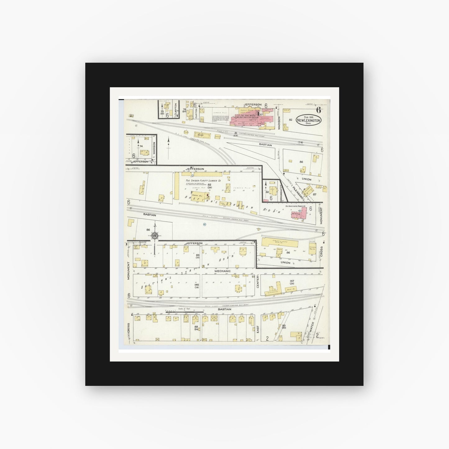 Old map wall art mockup — black gallery frame with white mat — Sanborn Fire Insurance Map from New Lexington, Perry County, Ohio (1916), Sheet #0006