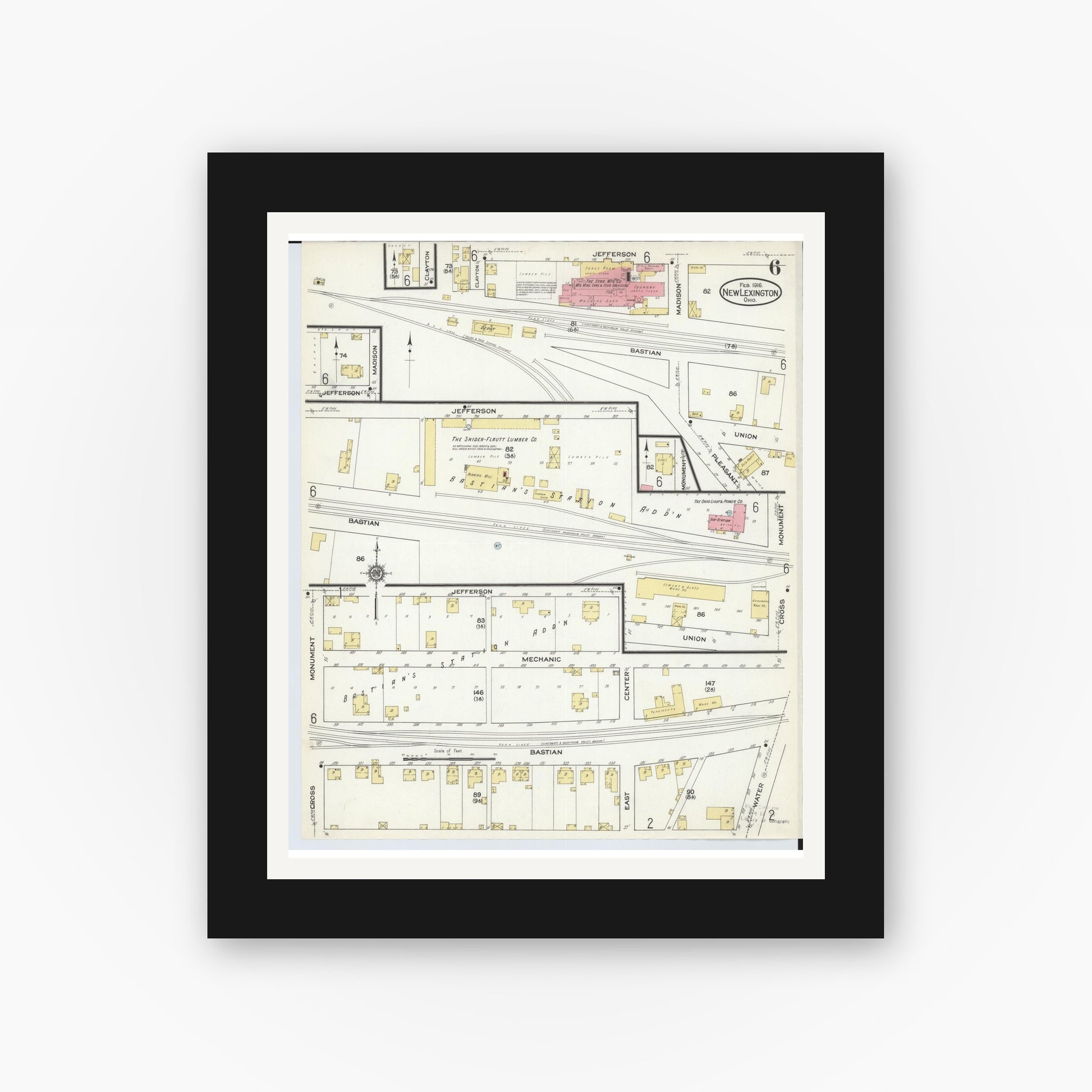 Old map wall art mockup — black gallery frame with white mat — Sanborn Fire Insurance Map from New Lexington, Perry County, Ohio (1916), Sheet #0006