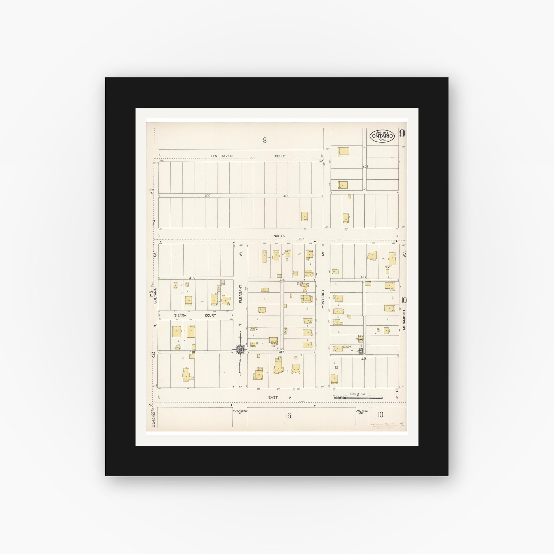 Old map wall art mockup — black gallery frame with white mat — Sanborn Fire Insurance Map from Ontario, San Bernardino County, California (1912), Sheet #0009
