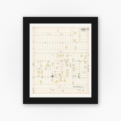 Old map wall art mockup — black gallery frame with white mat — Sanborn Fire Insurance Map from Ontario, San Bernardino County, California (1912), Sheet #0009