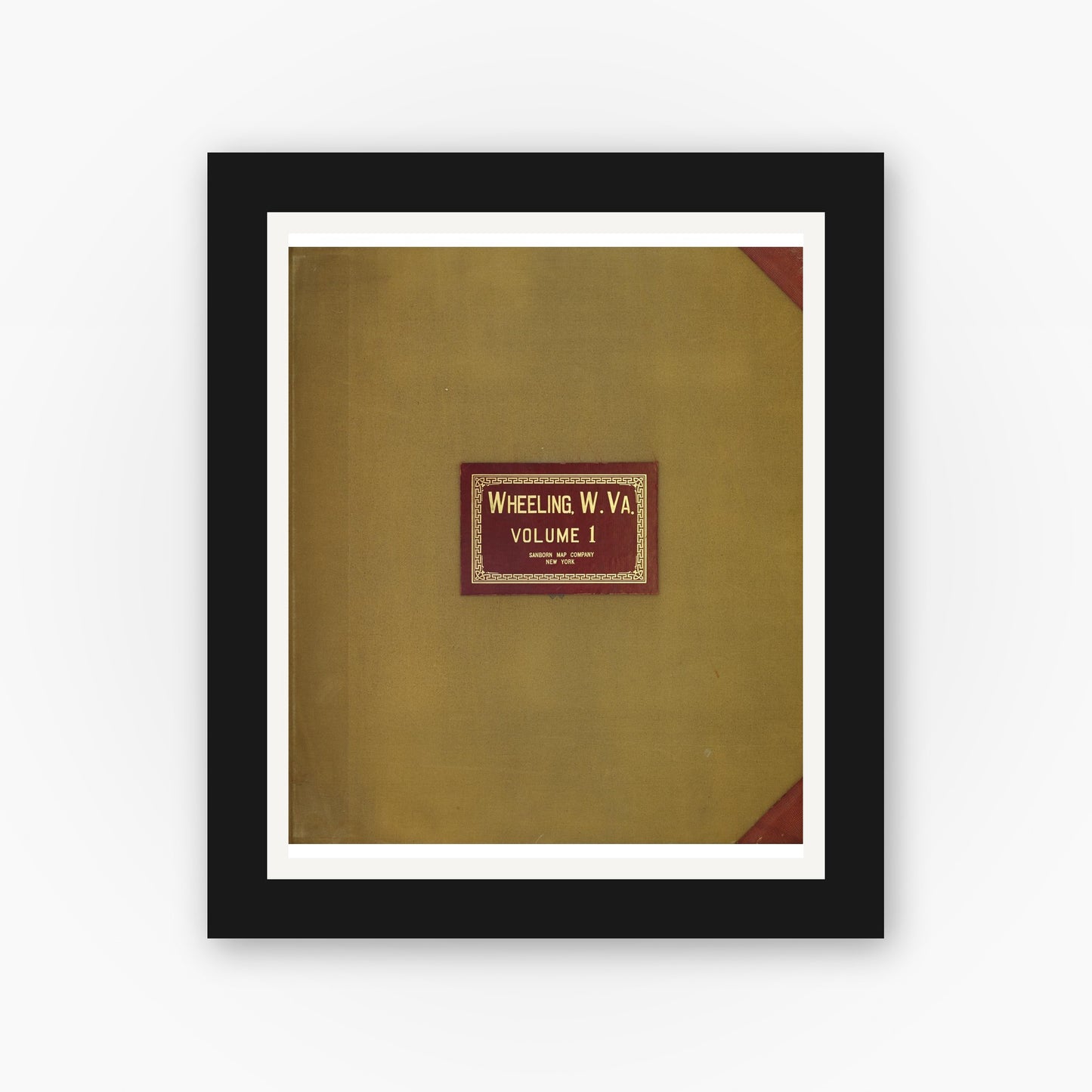 Old map wall art mockup — black gallery frame with white mat — Sanborn Fire Insurance Map from Wheeling, Ohio County, West Virginia (1950), Sheet #0001