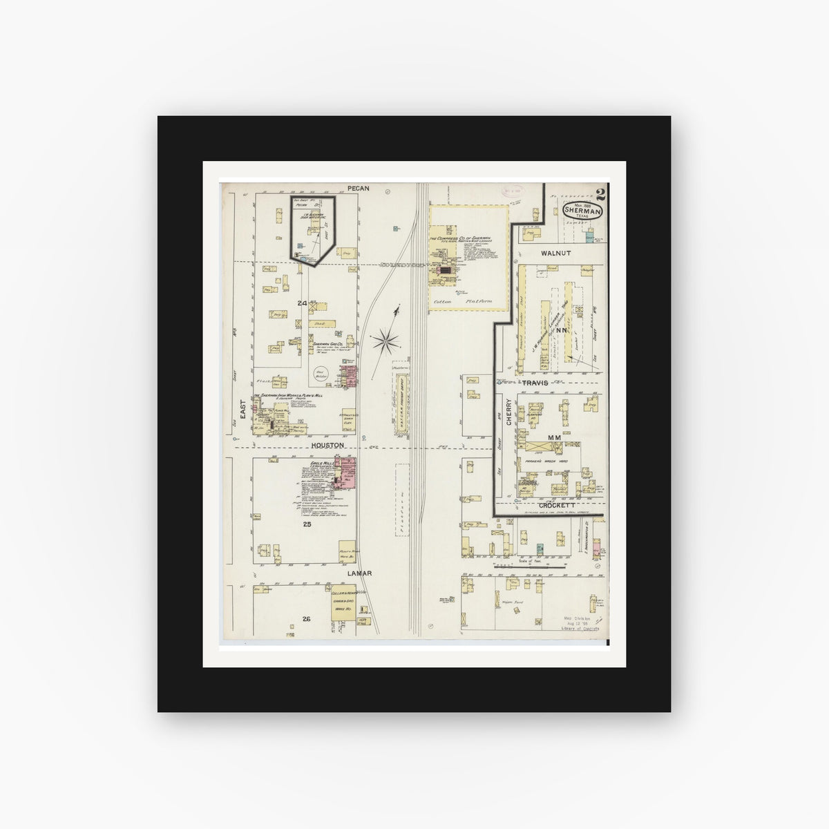 Old map wall art mockup — black gallery frame with white mat — Sanborn Fire Insurance Map from Sherman, Grayson County, Texas (1888), Sheet #0002