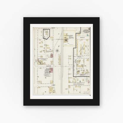 Old map wall art mockup — black gallery frame with white mat — Sanborn Fire Insurance Map from Sherman, Grayson County, Texas (1888), Sheet #0002